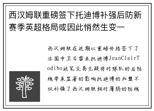 西汉姆联重磅签下托迪博补强后防新赛季英超格局或因此悄然生变一